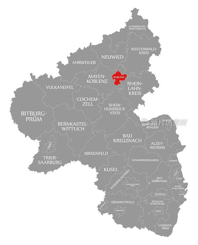 科布伦茨在莱茵兰-普法尔茨地图上的红色高亮显示
