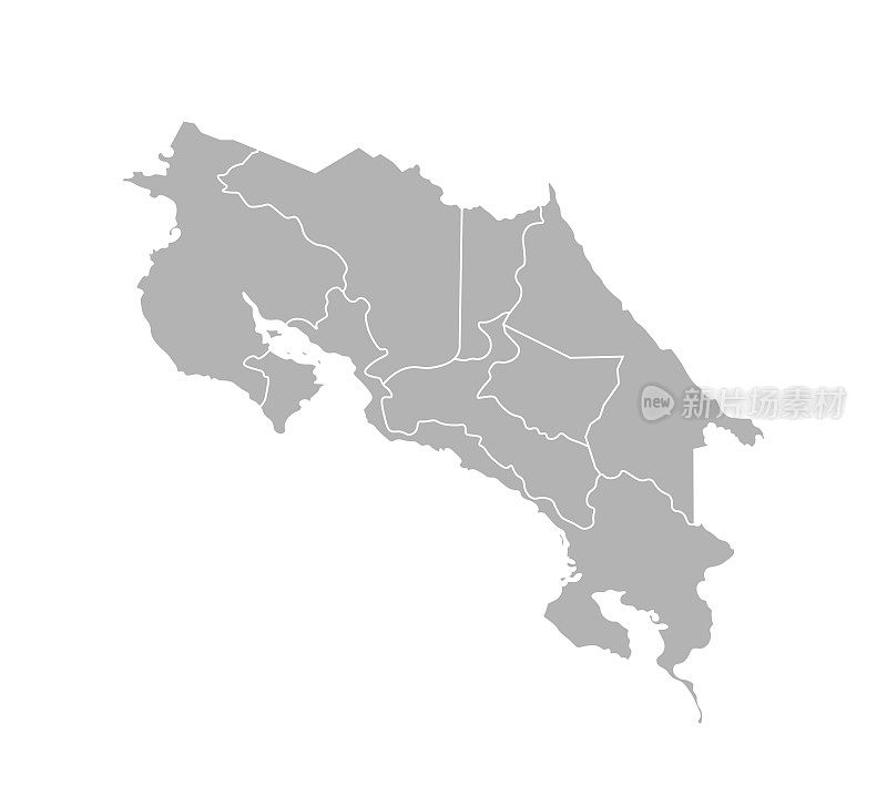 哥斯达黎加简化行政地图矢量孤立插图。省(区)边界。灰色的剪影。白色的轮廓