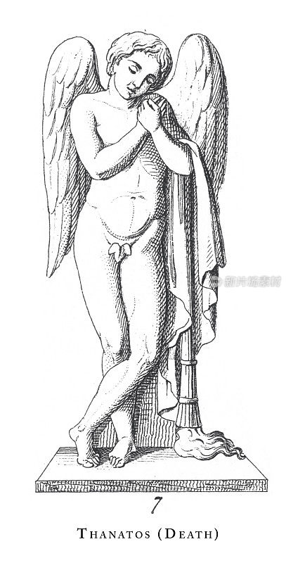 死亡，神和神话人物雕刻古董插图，出版于1851年