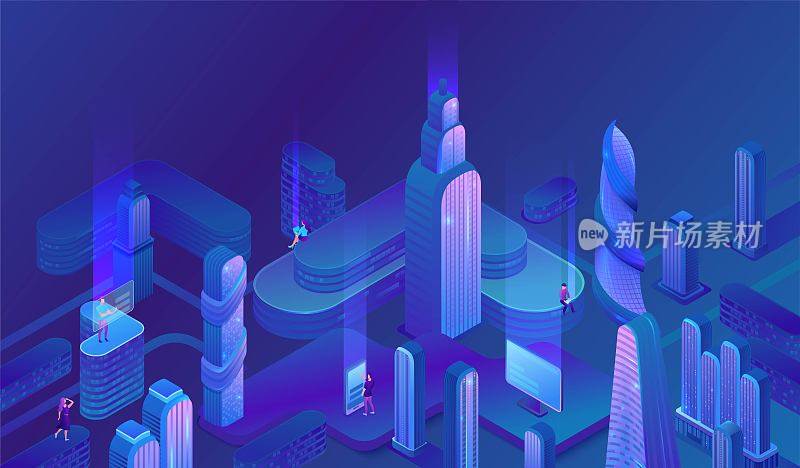 智慧城市等角视觉、未来3d概念、蓝紫色未来ai技术海报、城市横幅、带小工具的人、摩天大楼、现代城市景观、矢量插图