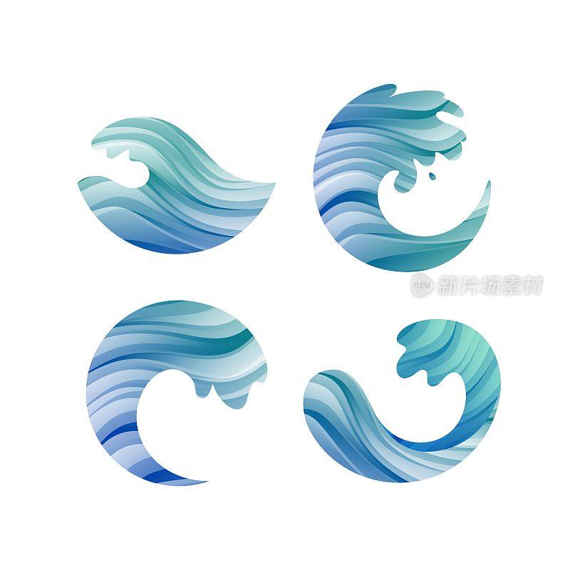 蓝色飞溅水符号集。矢量波的形状。圆形水流设计元素。