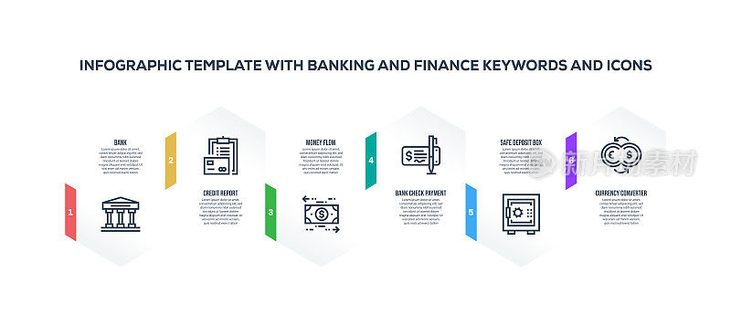 信息图表设计模板与银行和金融关键字和图标