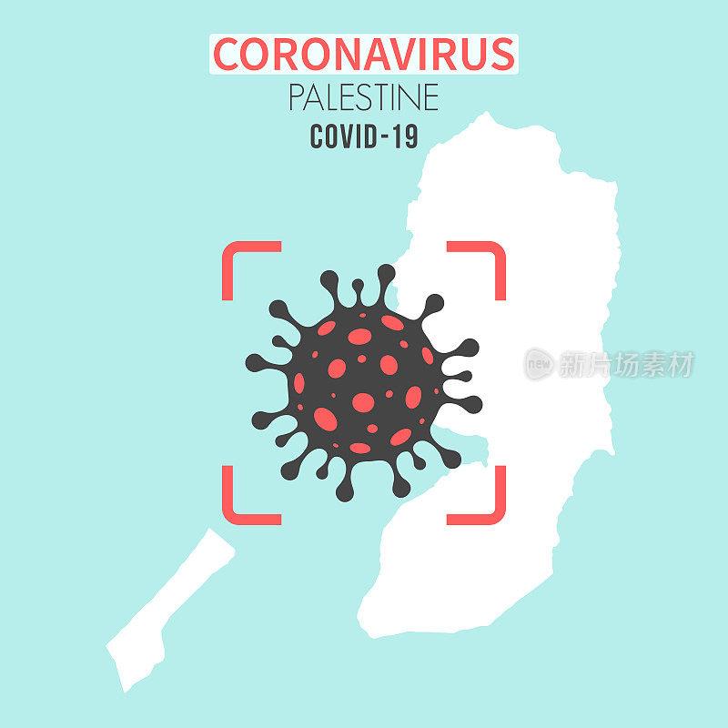 巴勒斯坦领土地图，红色取景器上有冠状病毒细胞(COVID-19)