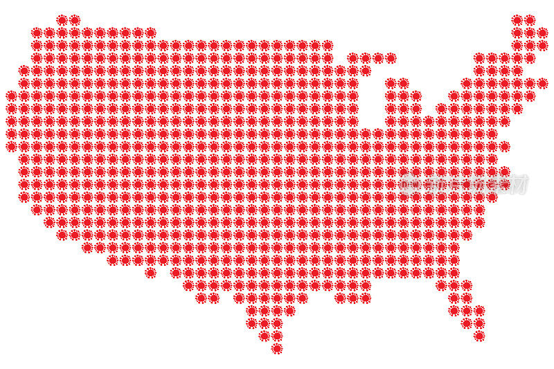 用Covid-19图标绘制的美国点状地图，代表疫情的蔓延情况