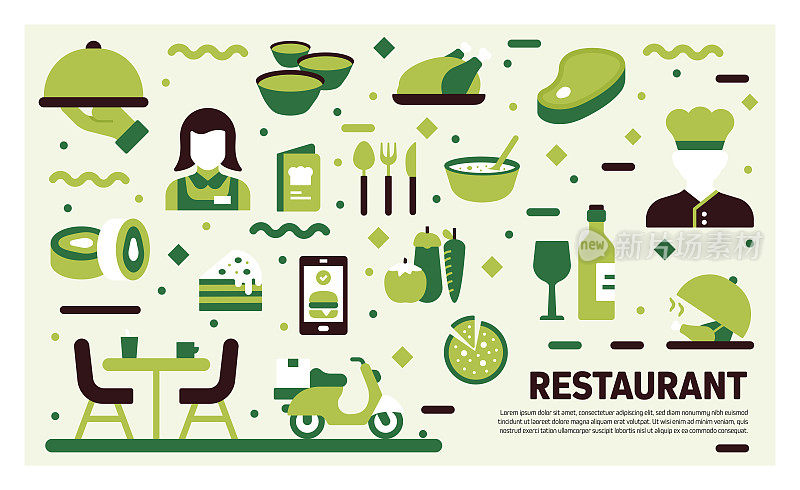 餐厅，食物和饮料相关的平面风格矢量插图