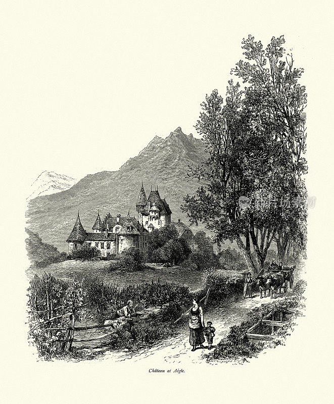 艾格城堡，山，农民和马车，沃，瑞士，19世纪