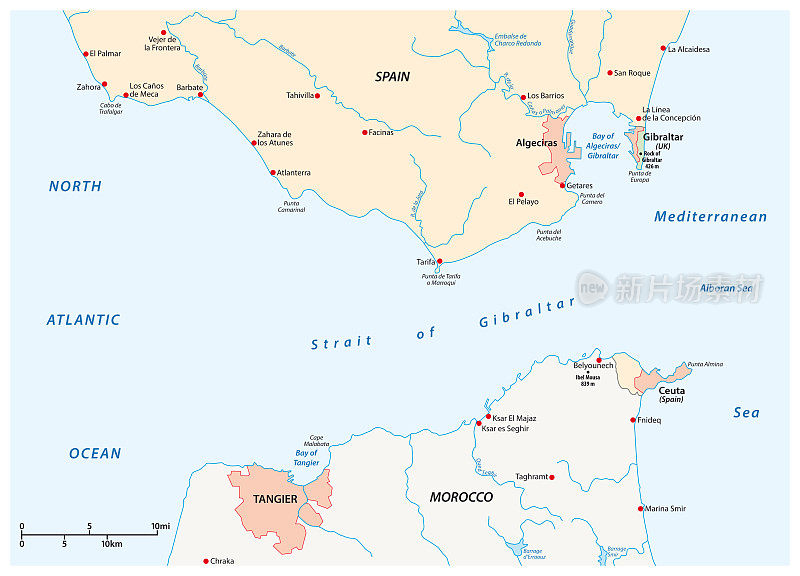直布罗陀海峡，水路之间的西班牙和摩洛哥矢量地图