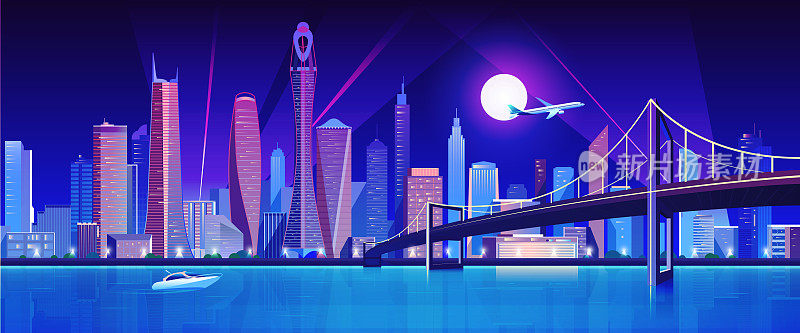 城市大桥在夜晚的水湾矢量插图。卡通平面现代桥到市中心未来霓虹大都会，市中心城市景观滨水建筑，摩天大楼景观景观。