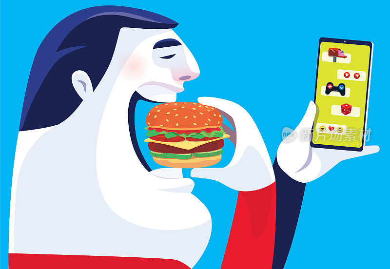 男人一边吃汉堡一边看手机