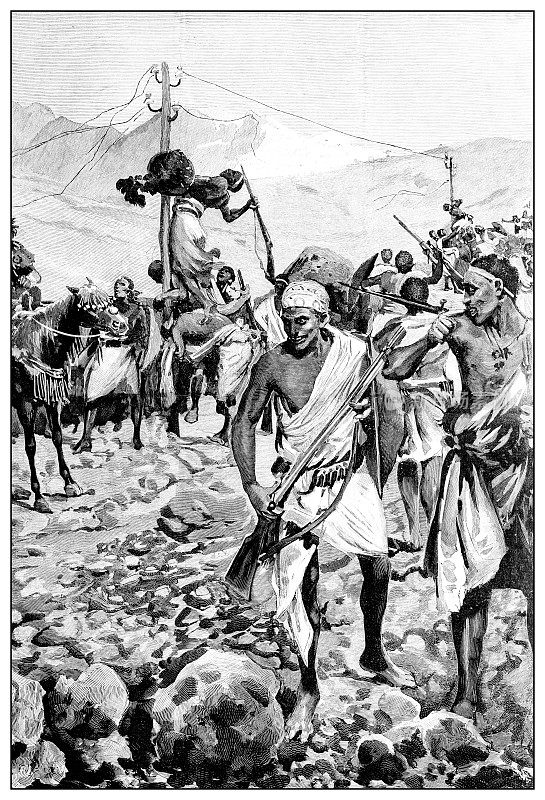 第一次意大利-埃塞俄比亚战争(1895-1896)的古董插图:埃塞俄比亚摧毁电报电缆