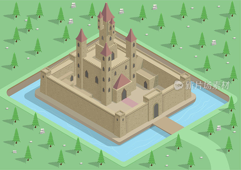 矢量等距中世纪城堡