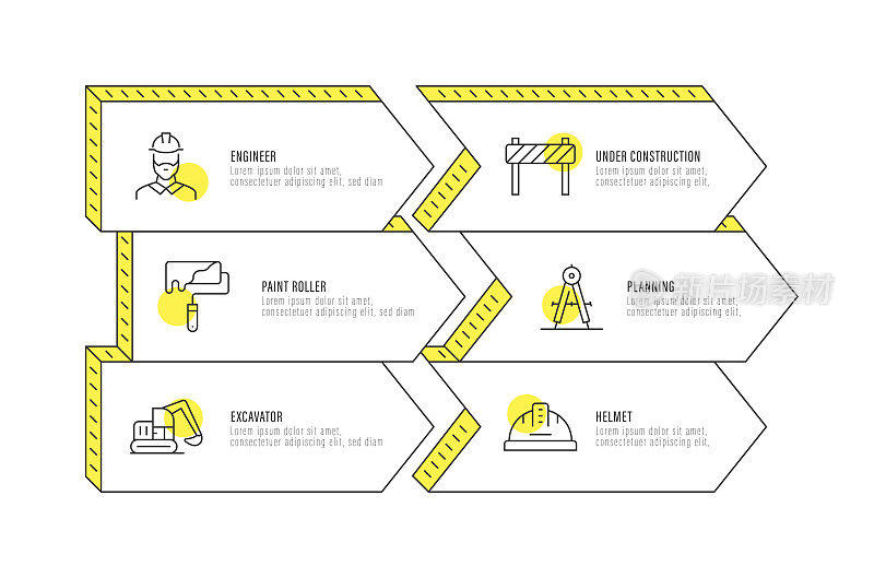 信息图表设计模板。工程师，在建，油漆辊，规划，挖掘机，头盔图标6个选项或步骤。