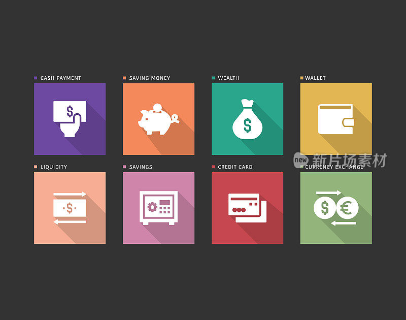 信息图表设计模板。信用卡支付，储蓄金钱，财富，钱包，流动性，储蓄，信用卡，货币兑换图标与8个选项或步骤。