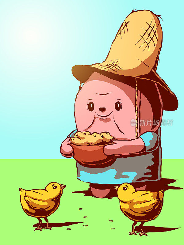 手绘卡通可爱插图-农民喂鸡。