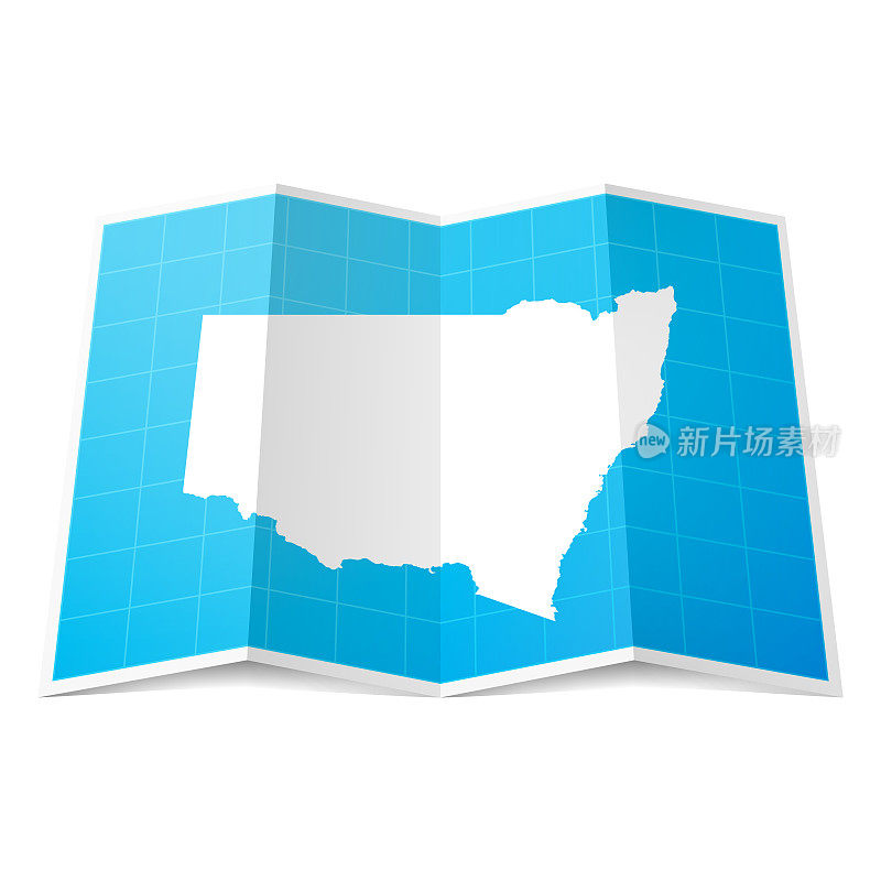 新南威尔士州地图折叠，孤立在白色背景上