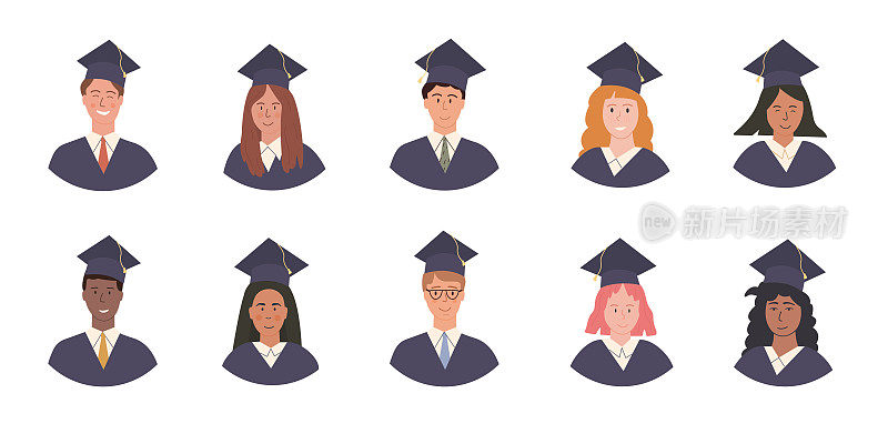 大向量集快乐多民族毕业学生化身在学术长袍和帽子。学生毕业在大学。肖像相册。穿着学士帽和学士袍的年轻人。平