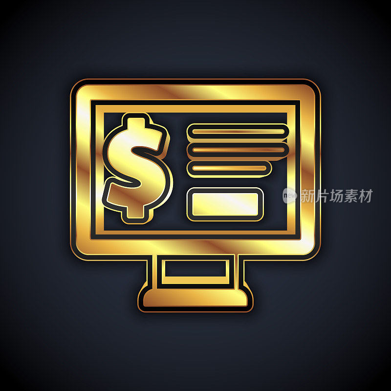 金色显示器与美元图标孤立在黑色背景。全球汇款，转账，网上银行，金融交易。向量