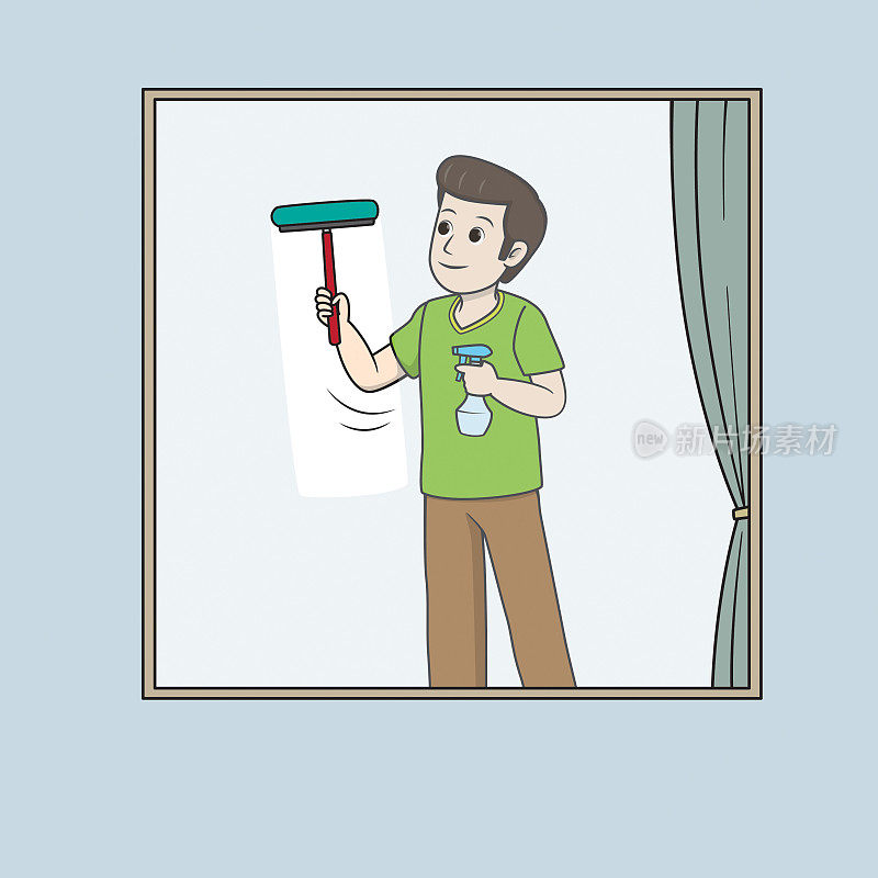 彩色矢量插图儿童活动图画书页与图片的男人做家务擦玻璃。