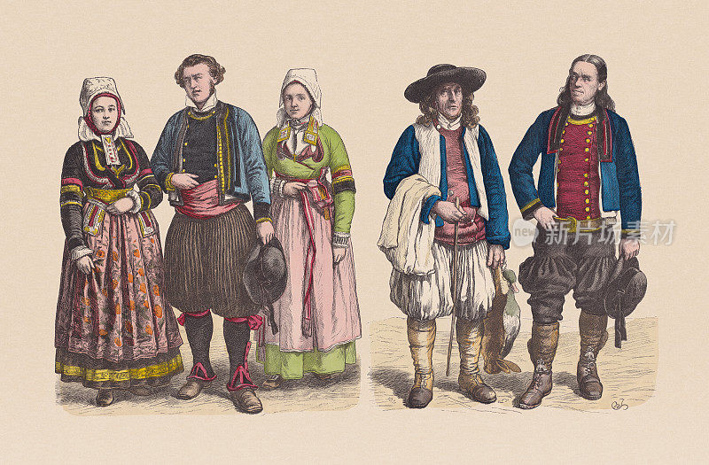 19世纪，法国服饰、布列塔尼、手工着色木刻，大约1880年出版