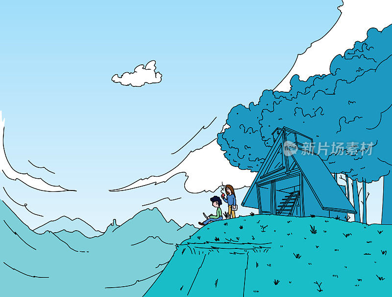 在山中央的小木屋里远程工作的工人，眼前是连绵的山谷。插图简单，平坦大胆的蓝色。