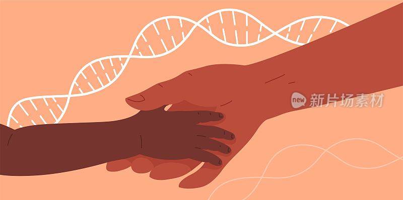 两只手合在一起，爸爸还是妈妈抱着孩子。概念向量插图遗传学，DNA测试，亲子或孕妇测试，遗传疾病，生物学。DNA链的背景。