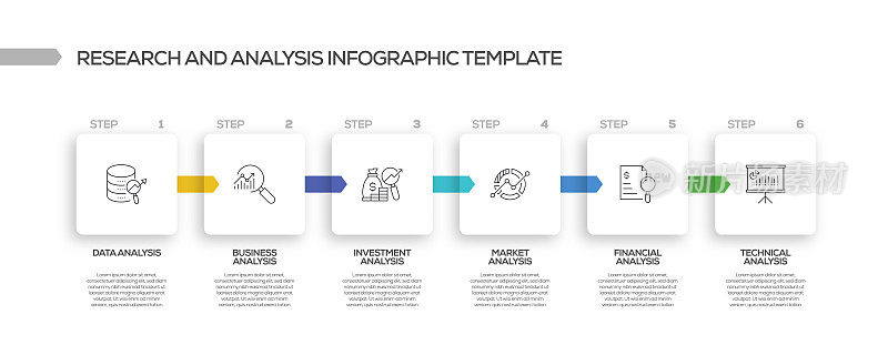 研究和分析相关的过程信息图表模板。过程时间图。带有线性图标的工作流布局