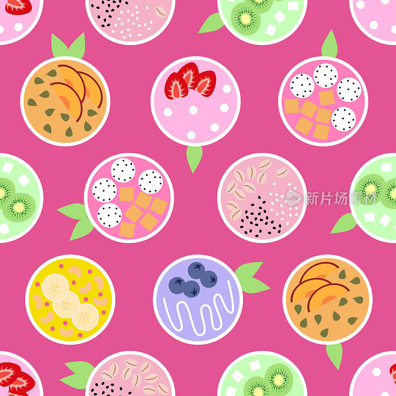 无缝图案与自制新鲜冰沙碗水果矢量插图。超级食品和社交媒体食品趋势。巴西莓早餐健康食品