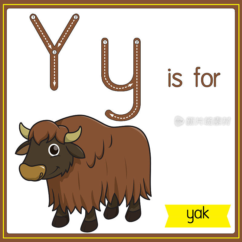 矢量插图学习字母为儿童与卡通形象。字母Y代表牦牛。