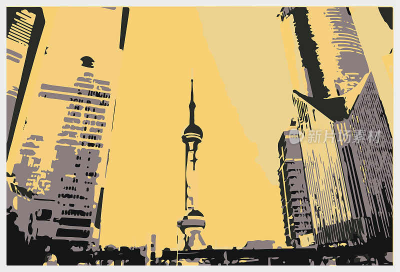 矢量艺术雕刻效果上海城市建筑插图背景
