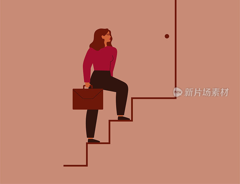 女商人爬上职业阶梯。坚强的女人一步步走向成功。女企业家拿着公文包在楼梯上走了起来。