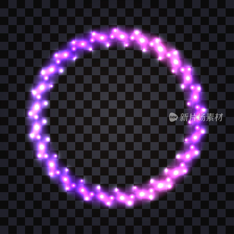 霓虹灯LED框架l紫色亮边，具有明亮的灯光效果。迪斯科设计，二极管灯闪烁。孤立的框架边界在黑暗透明的背景，矢量插图