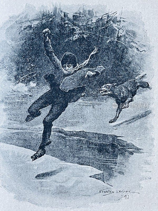溜冰者跳过一个冰洞，后面跟着一只狼