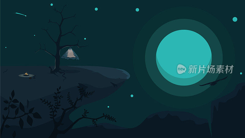 描绘营火、挂在树上的帐篷的山景。晚上,月光。陡峭的悬崖