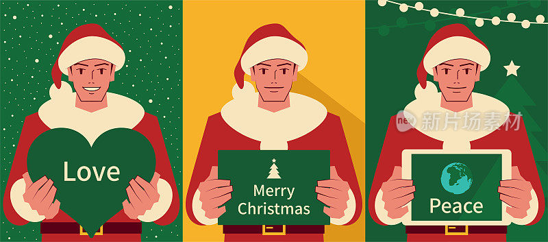 快乐英俊的年轻人穿着圣诞老人的衣服，手里拿着圣诞贺卡和心形标志和数字平板电脑
