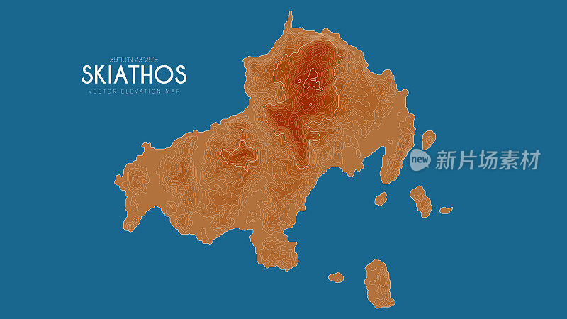 希腊斯基亚索斯地形图。矢量详细高程地图的岛屿。地理优美的景观轮廓海报。