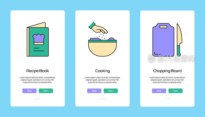 在移动应用页面上使用扁平图标的烹饪概念。用户体验，UI设计模板矢量插图