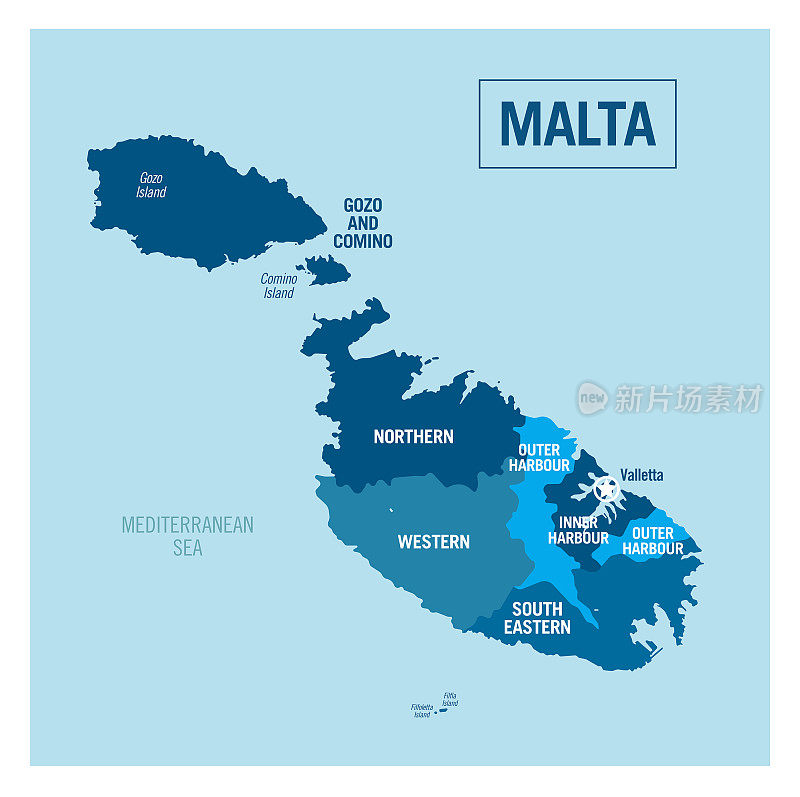 马耳他岛国政治地图。详细的矢量插图与孤立的国家，地区，岛屿和城市容易ungroup。