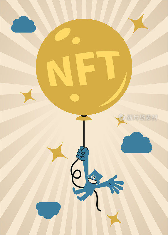 商人拿着一个带着nft(不可替换令牌)标志的气球在天空中飞行