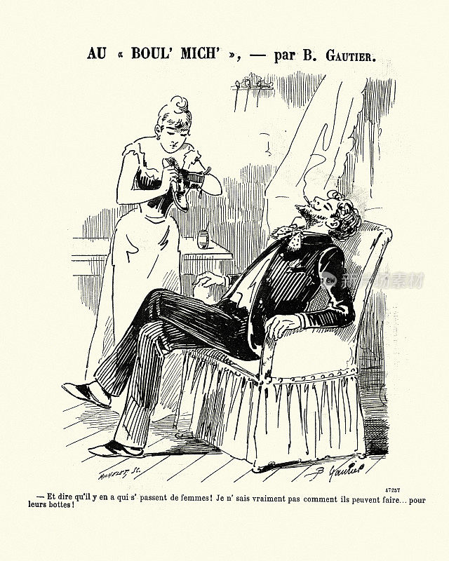 古老的法国漫画，漫画，19世纪90年代，一个女人为男人擦靴子