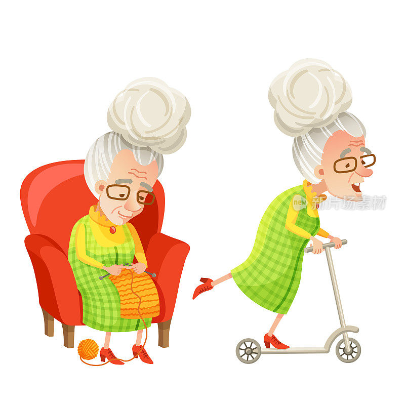 矢量快乐的年长妇女在椅子上编织。一位活跃的退休祖母漫不经心地骑着滑板车。退休人员的日常活动、日常活动和娱乐活动