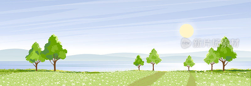 绿色田野、青山绿水、蓝天白云的湖滨乡村春景，矢量自然卡通风光