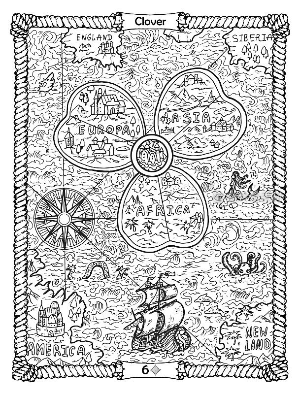 三叶草卡从oracle老海军莱诺曼德甲板与古老的地图。航海复古背景，着色书页面，t恤和纹身矢量图形，海盗冒险概念。