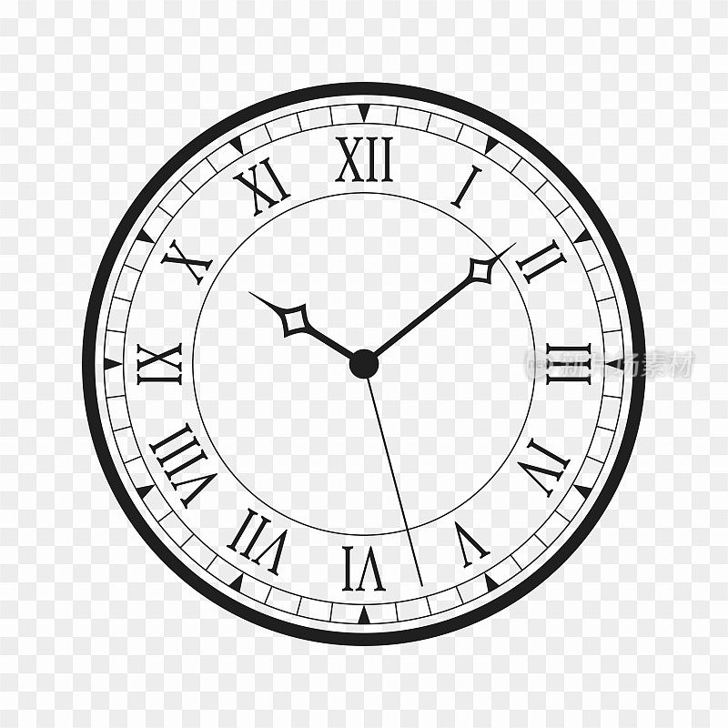 老式时钟与罗马数字孤立在白色背景上。黑色古董钟与箭和罗马钟面