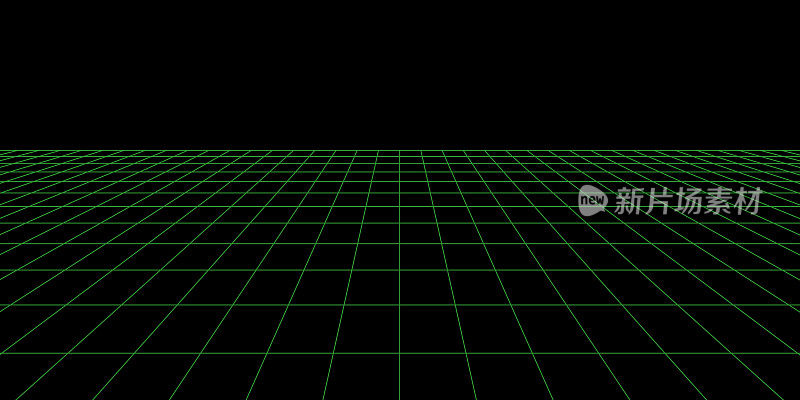 三维线框网格室。三维透视激光栅格。网络空间黑色背景与绿色网格。虚拟现实中的未来数字走廊空间。矢量图