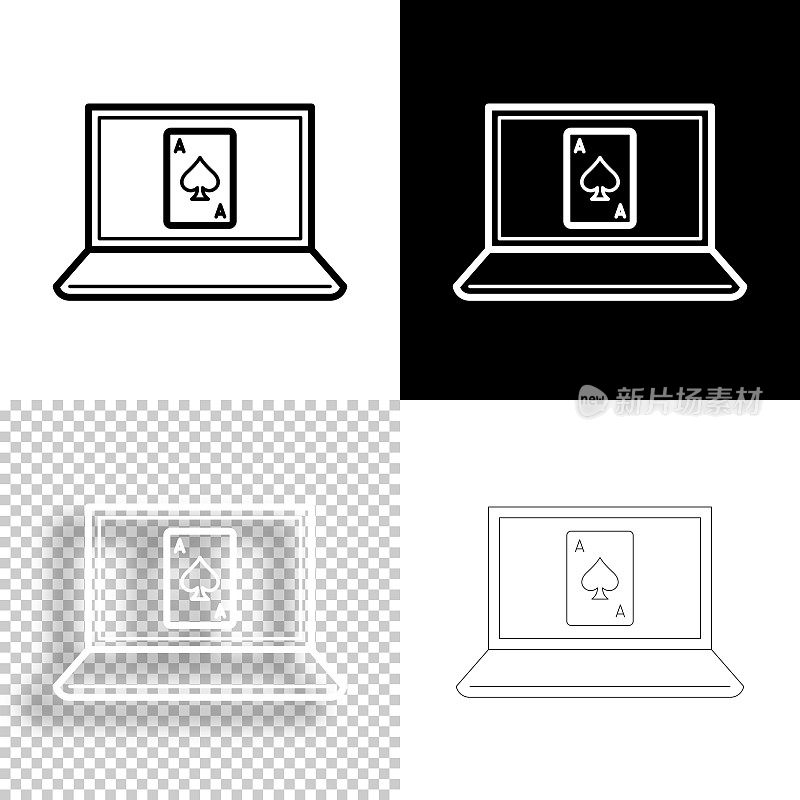 带扑克牌的笔记本电脑。图标设计。空白，白色和黑色背景-线图标