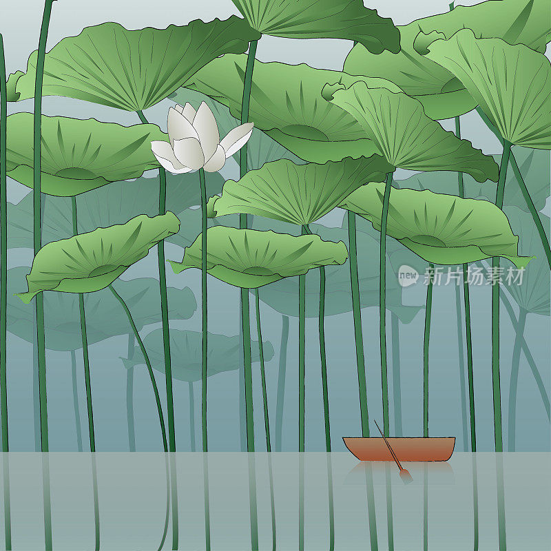 木船在池塘或湖的侧面与莲花和叶子背景平坦的矢量插图背景