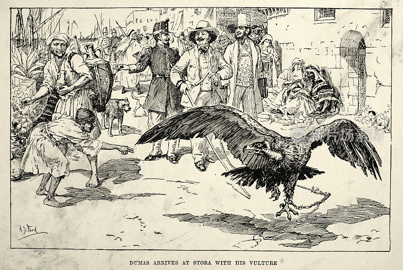 19世纪维多利亚时期的动物故事，在斯道拉，大仲马遛着他的宠物秃鹫