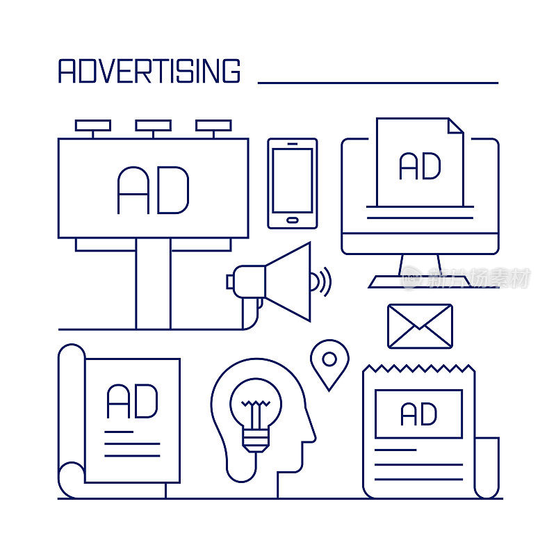 广告和媒体相关设计元素。使用大纲图标的模式设计。