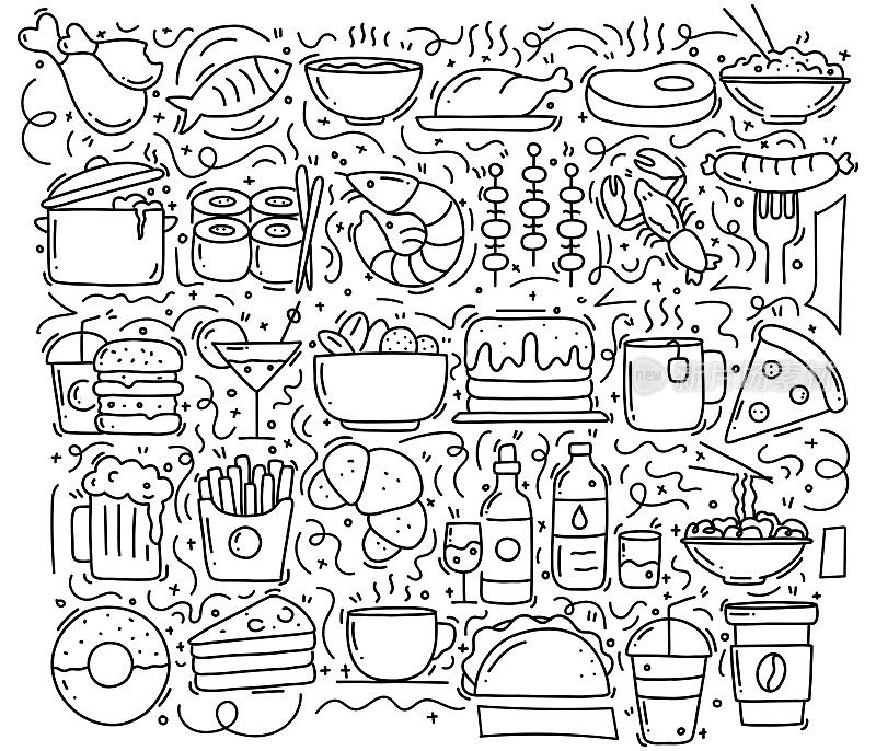 食品和饮料相关的对象和元素。手绘矢量涂鸦插图集合。手绘图案设计