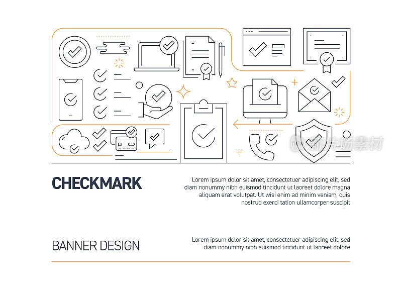 检查标记和批准相关的矢量旗帜设计概念，现代线风格与图标